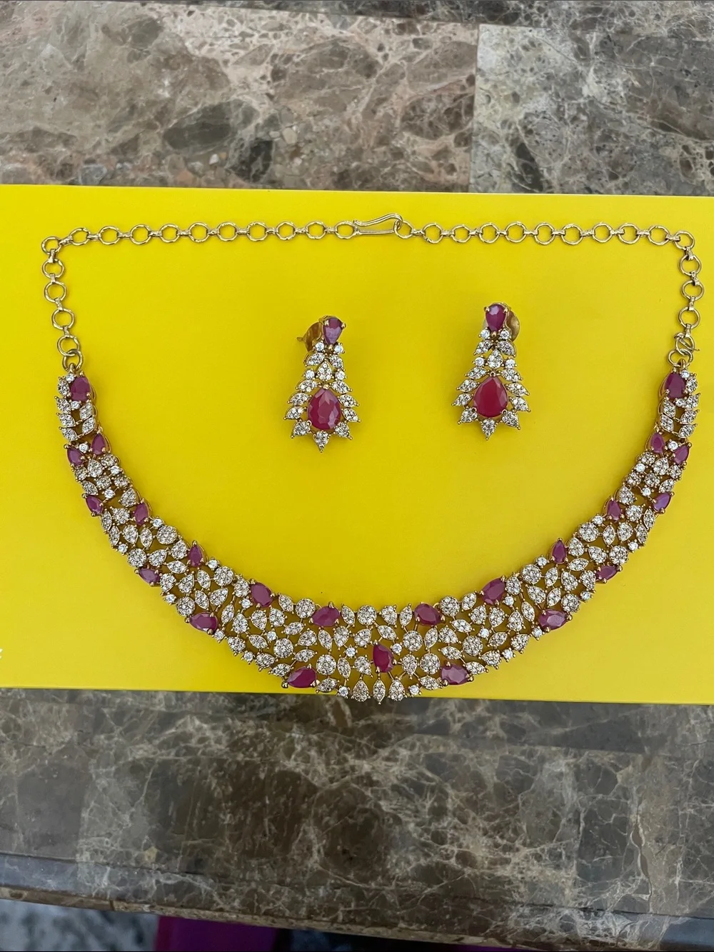 Gold-Tone Necklace and Earring Set with Ruby-Red Stones